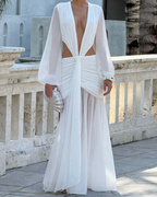 Plunging V-Neck Cut-Out Ruched Chiffon Maxi Dress