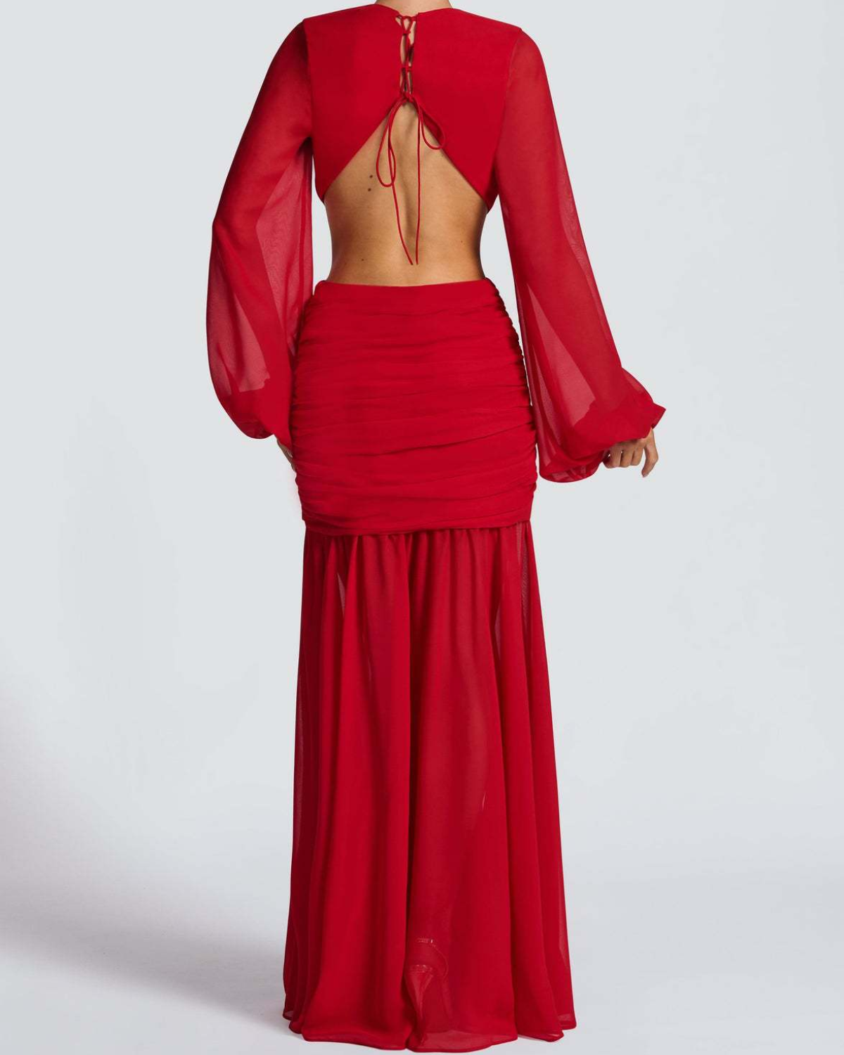 Plunging V-Neck Cut-Out Ruched Chiffon Maxi Dress