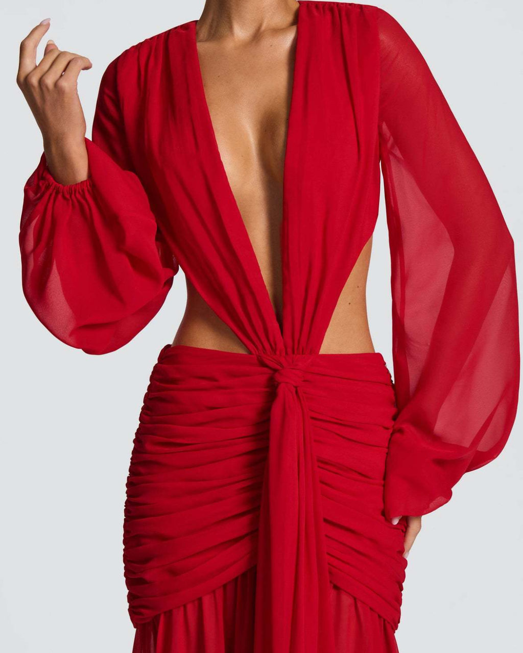 Plunging V-Neck Cut-Out Ruched Chiffon Maxi Dress