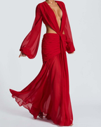 Plunging V-Neck Cut-Out Ruched Chiffon Maxi Dress