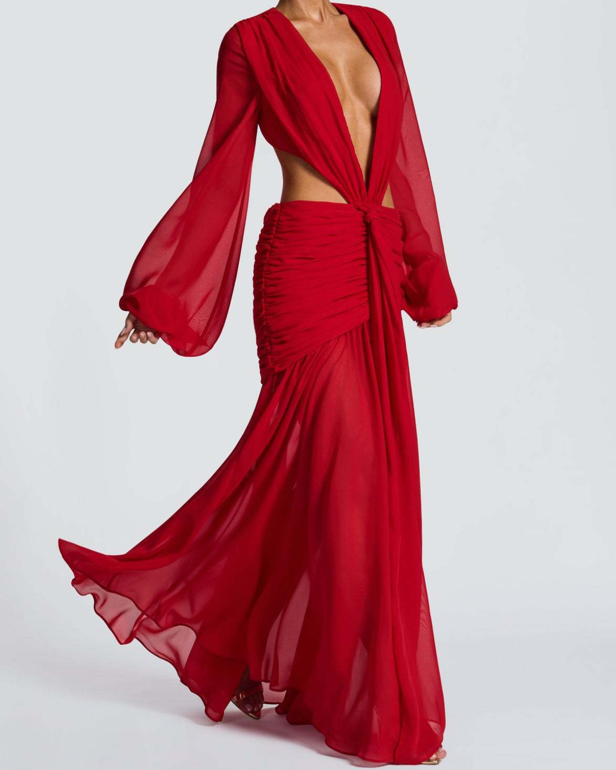 Plunging V-Neck Cut-Out Ruched Chiffon Maxi Dress