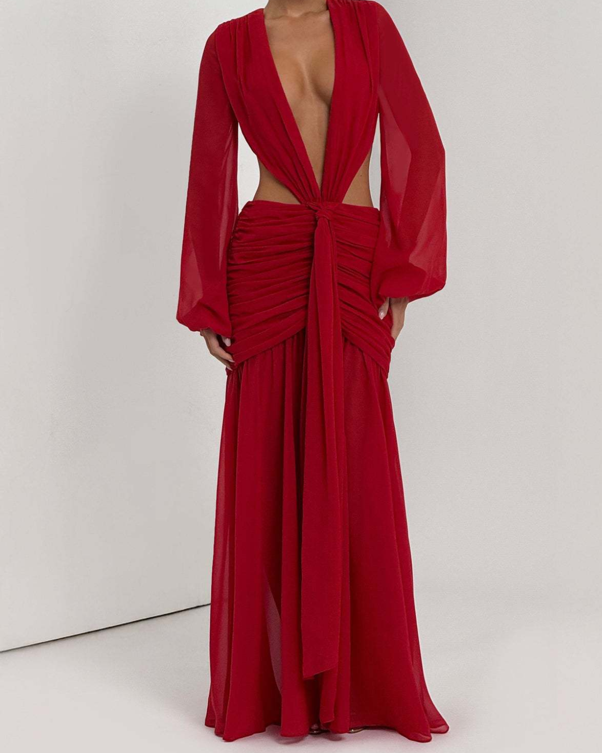 Plunging V-Neck Cut-Out Ruched Chiffon Maxi Dress