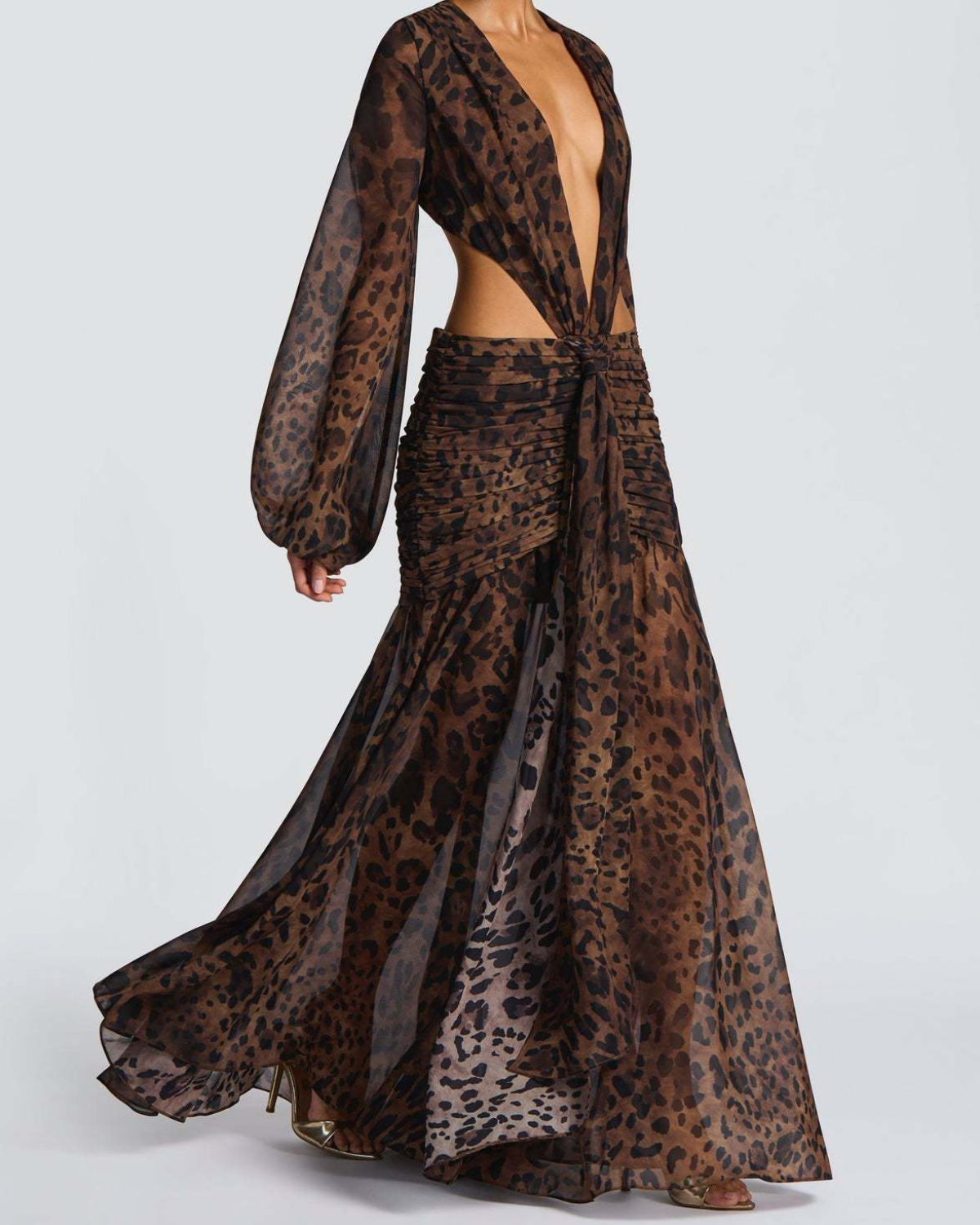 Plunging V-Neck Cut-Out Ruched Chiffon Maxi Dress