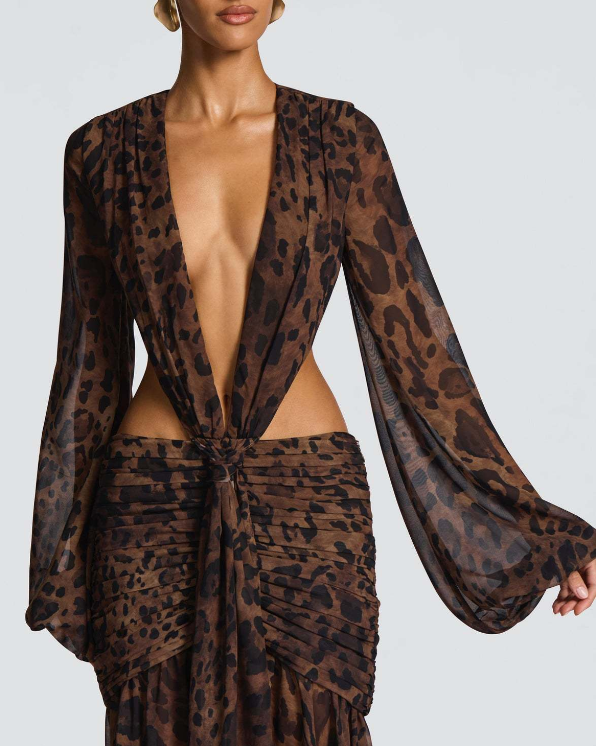 Plunging V-Neck Cut-Out Ruched Chiffon Maxi Dress