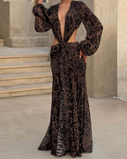 Plunging V-Neck Cut-Out Ruched Chiffon Maxi Dress