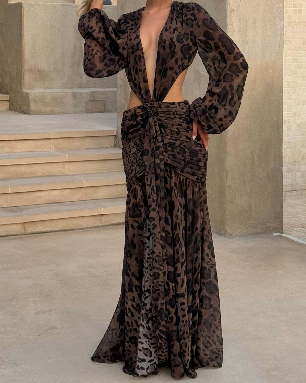 Plunging V-Neck Cut-Out Ruched Chiffon Maxi Dress