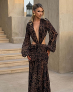 Plunging V-Neck Cut-Out Ruched Chiffon Maxi Dress