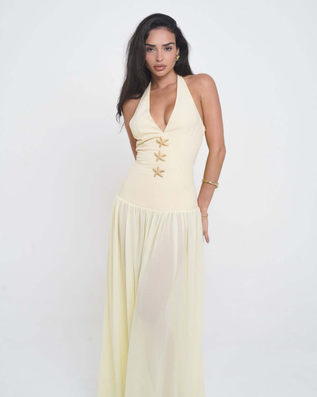 Starfish Embellished Open-Back Halter Maxi Dress