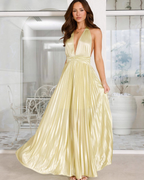 Satin Plissé Plunge Halter Maxi Dress