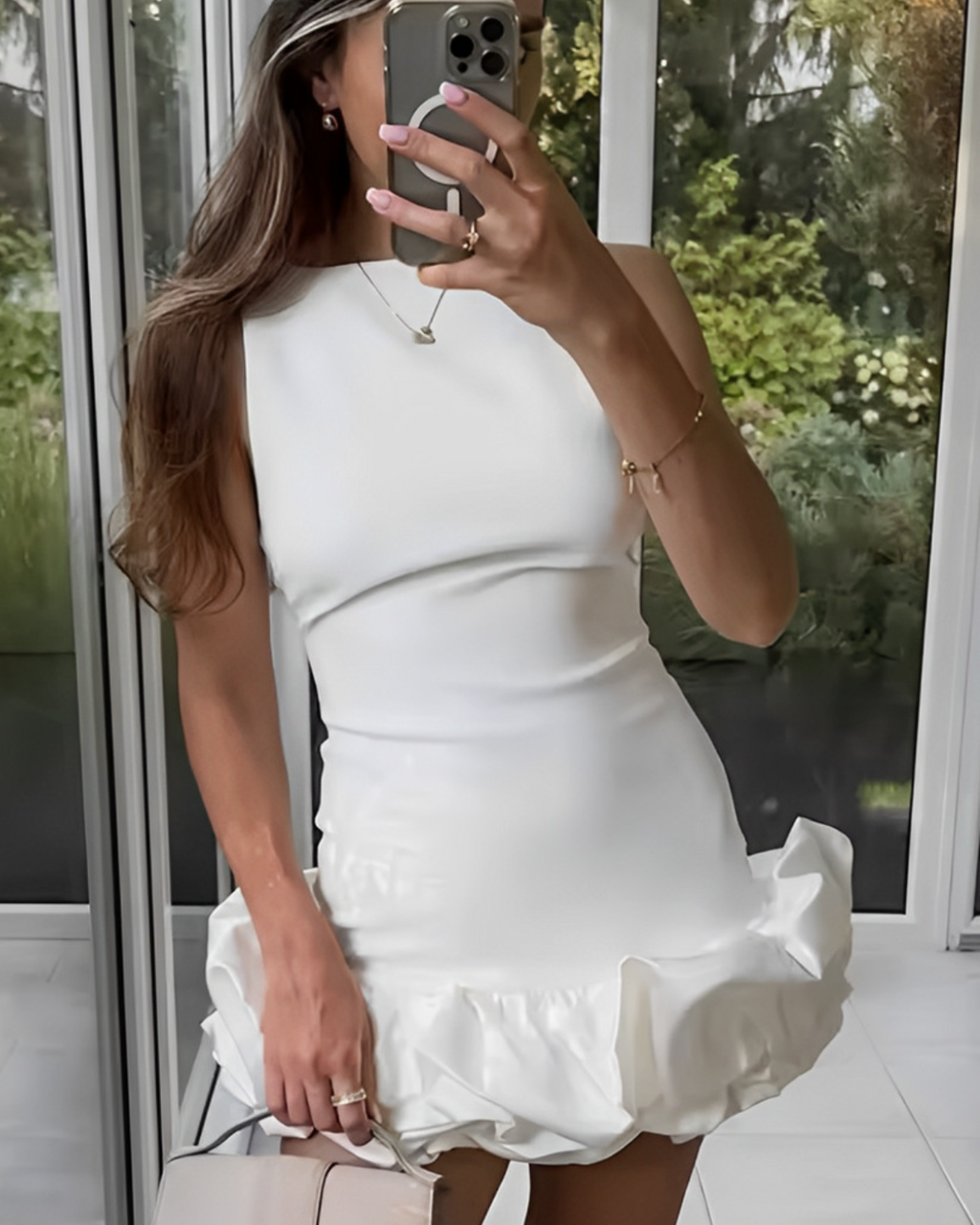 Sculptural Open-Back Bubble Hem Mini Dress