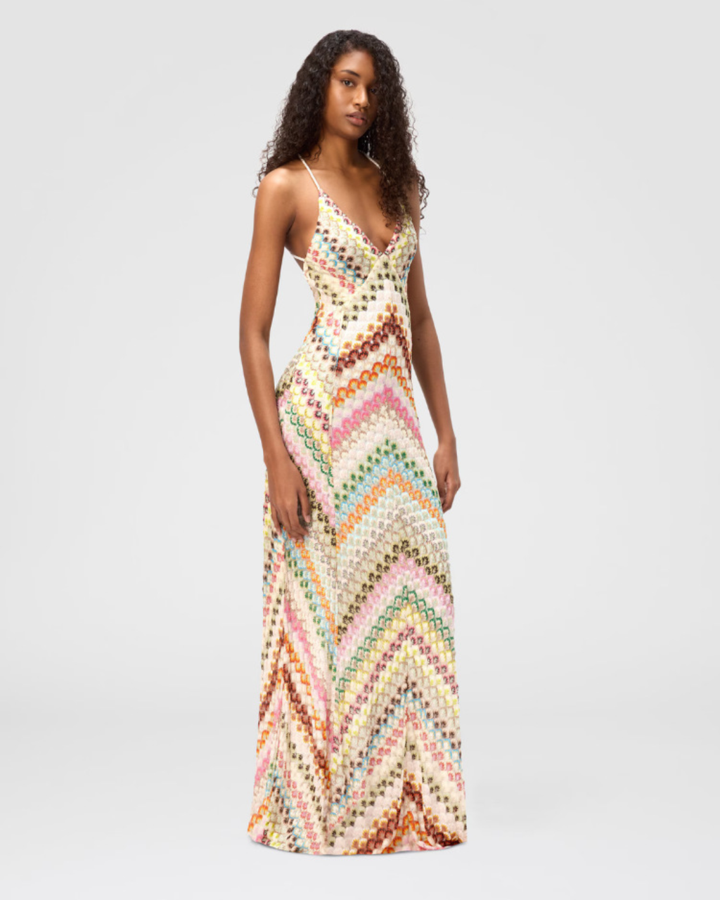 Multicolor Zigzag Knit Open-Back Maxi Dress