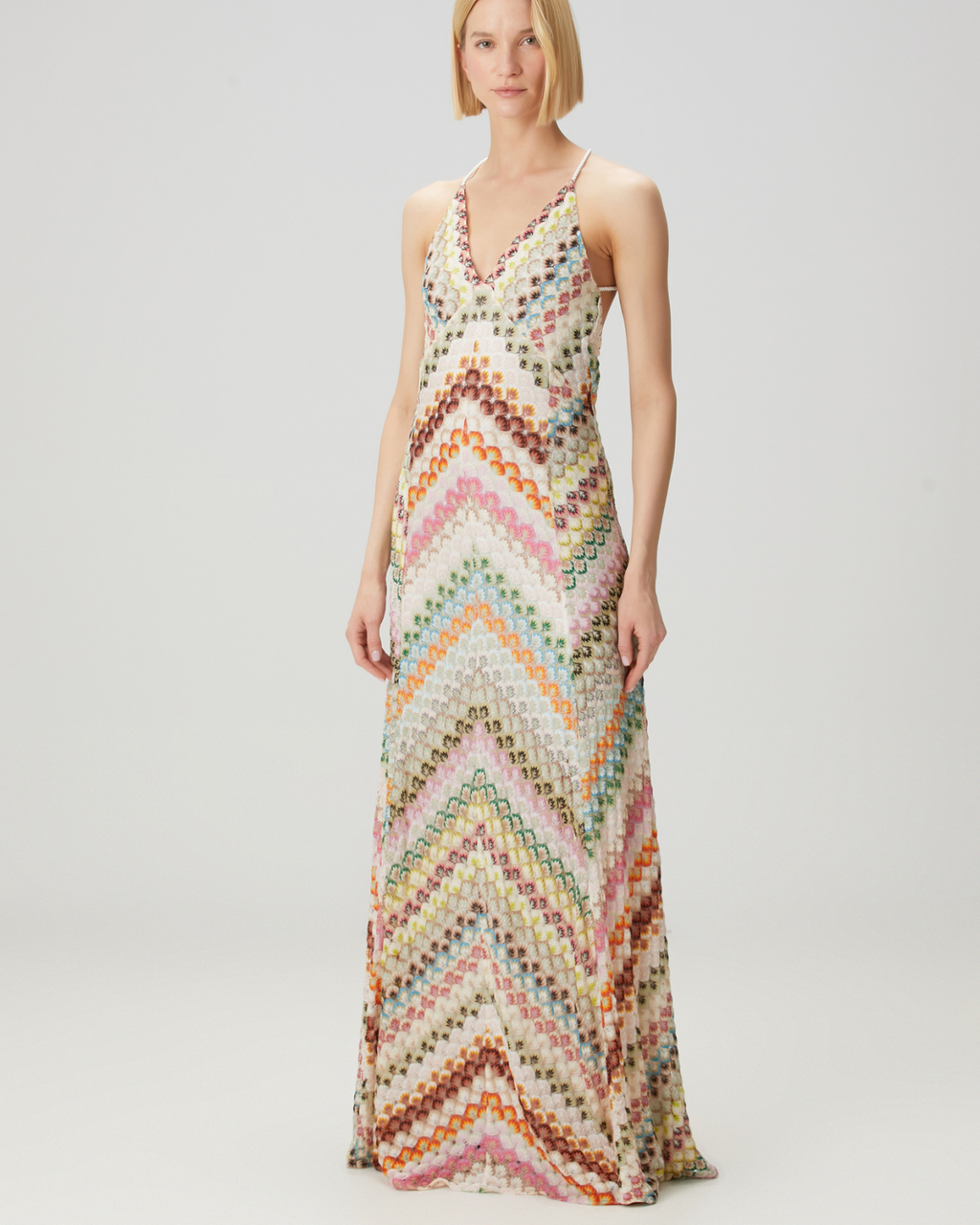 Multicolor Zigzag Knit Open-Back Maxi Dress