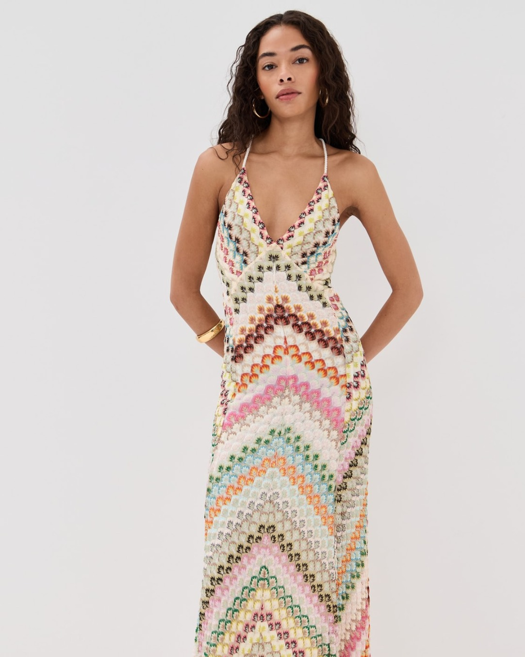 Multicolor Zigzag Knit Open-Back Maxi Dress