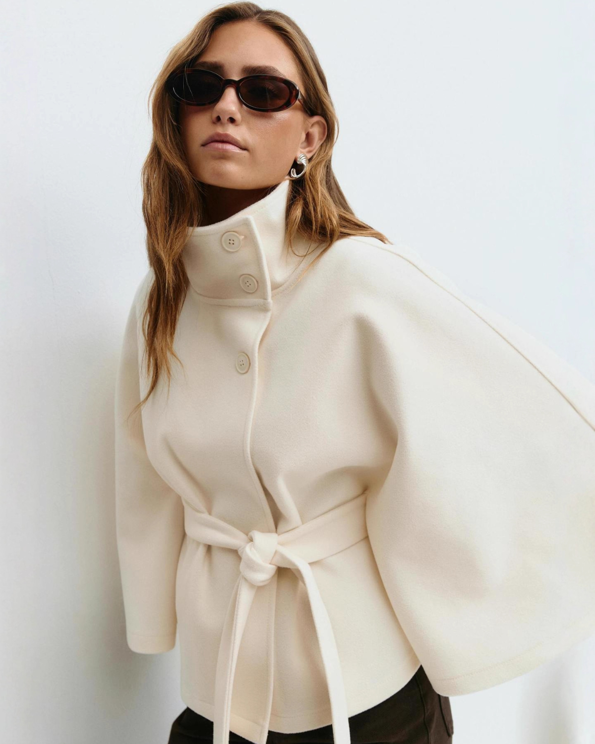 Sophisticated High-Neck Tie-Waist Cape Coat