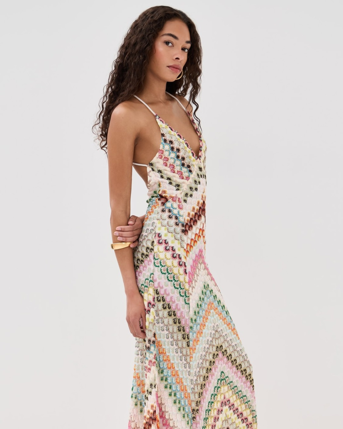 Multicolor Zigzag Knit Open-Back Maxi Dress