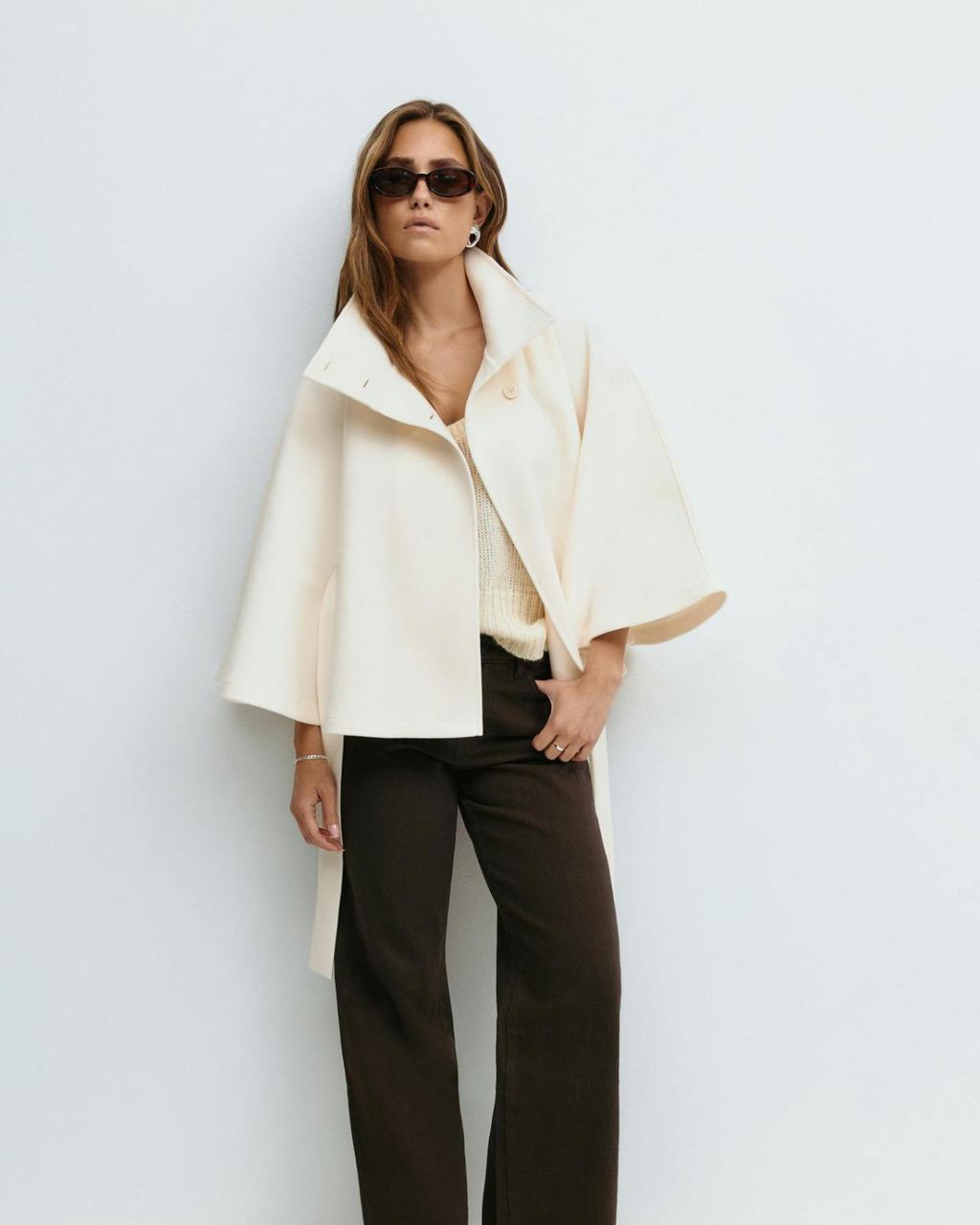 Sophisticated High-Neck Tie-Waist Cape Coat