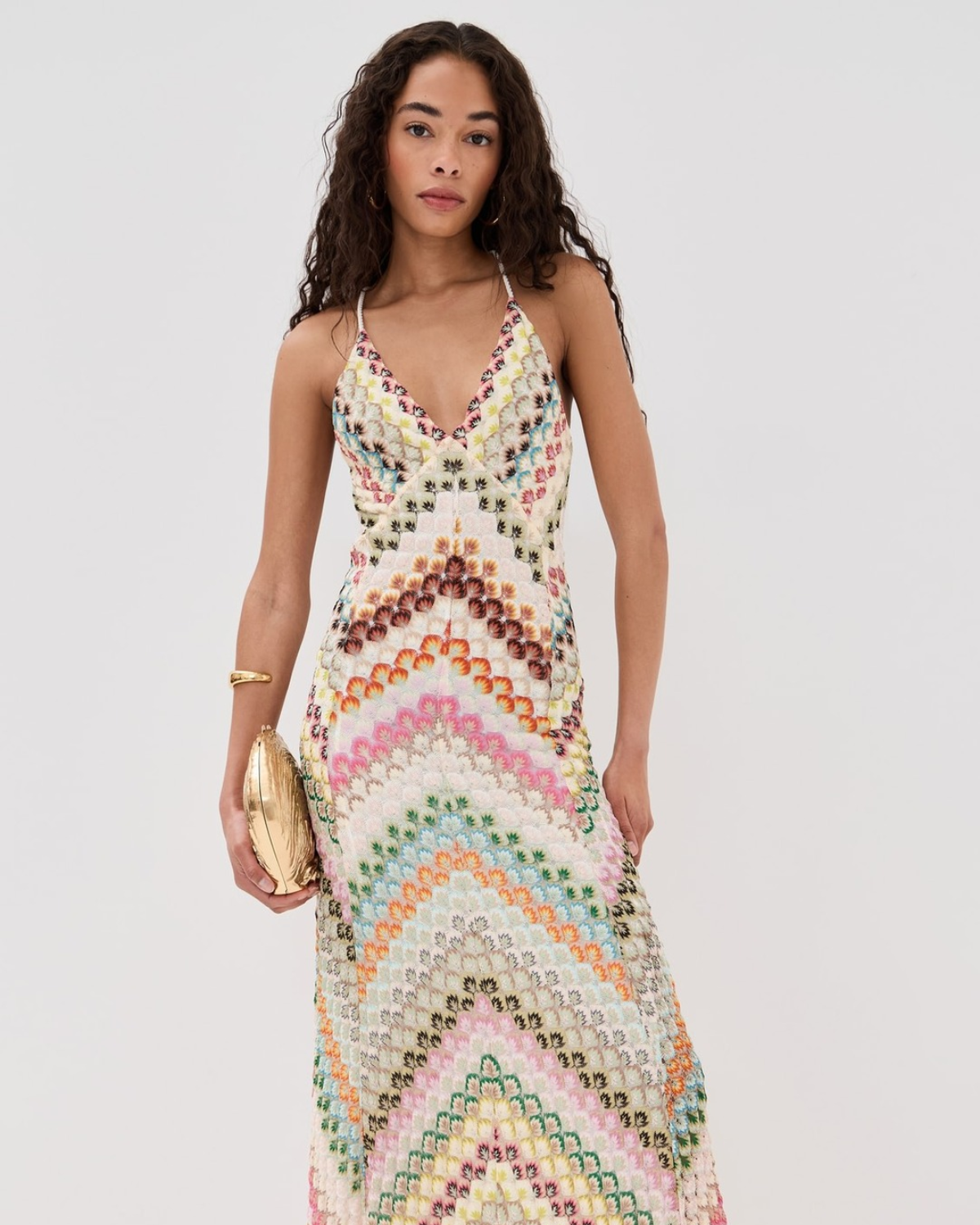 Multicolor Zigzag Knit Open-Back Maxi Dress