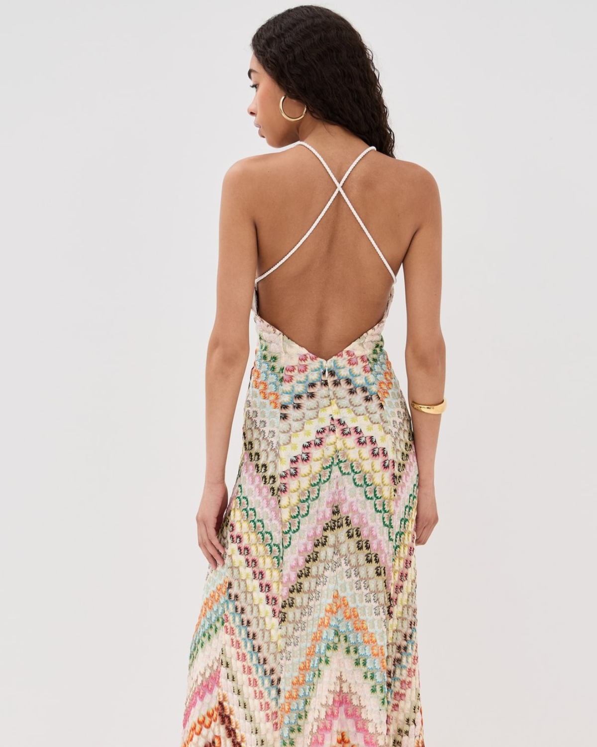Multicolor Zigzag Knit Open-Back Maxi Dress