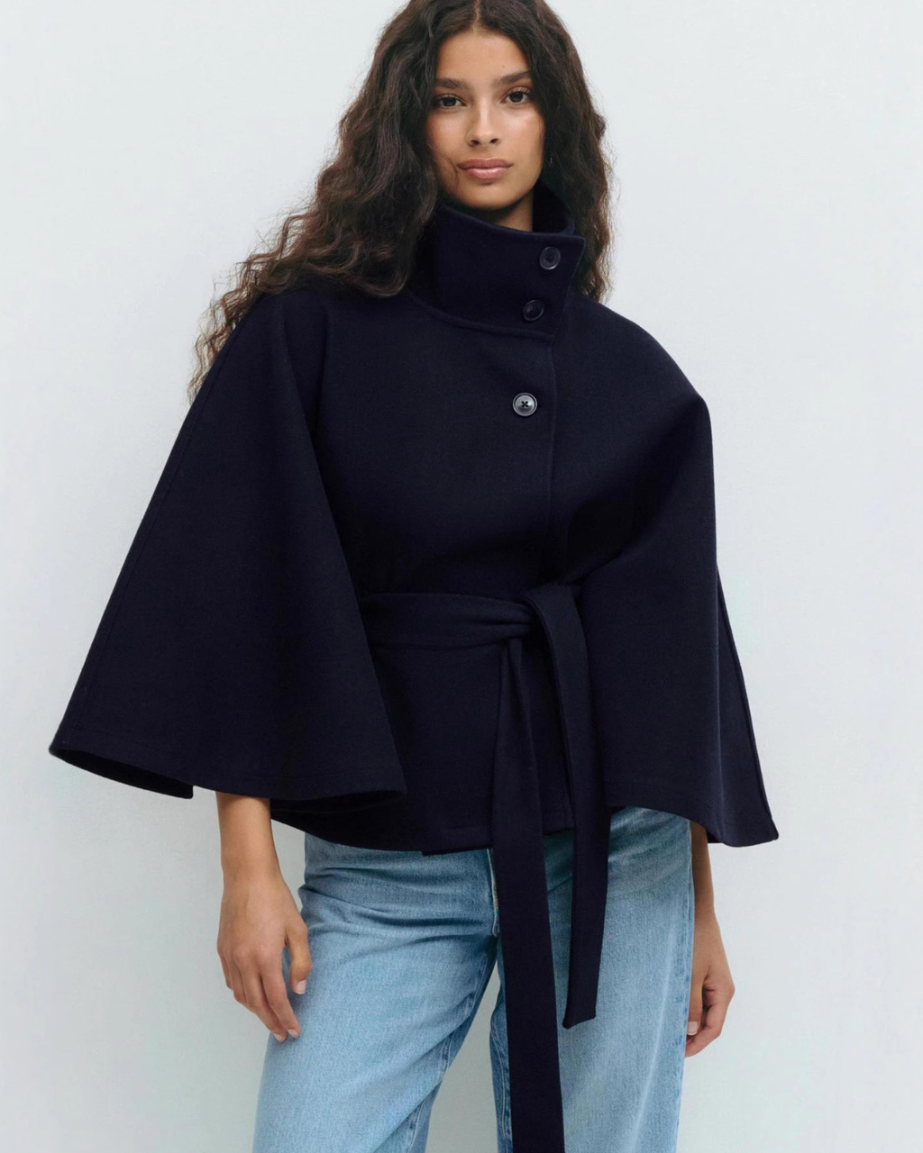 Sophisticated High-Neck Tie-Waist Cape Coat