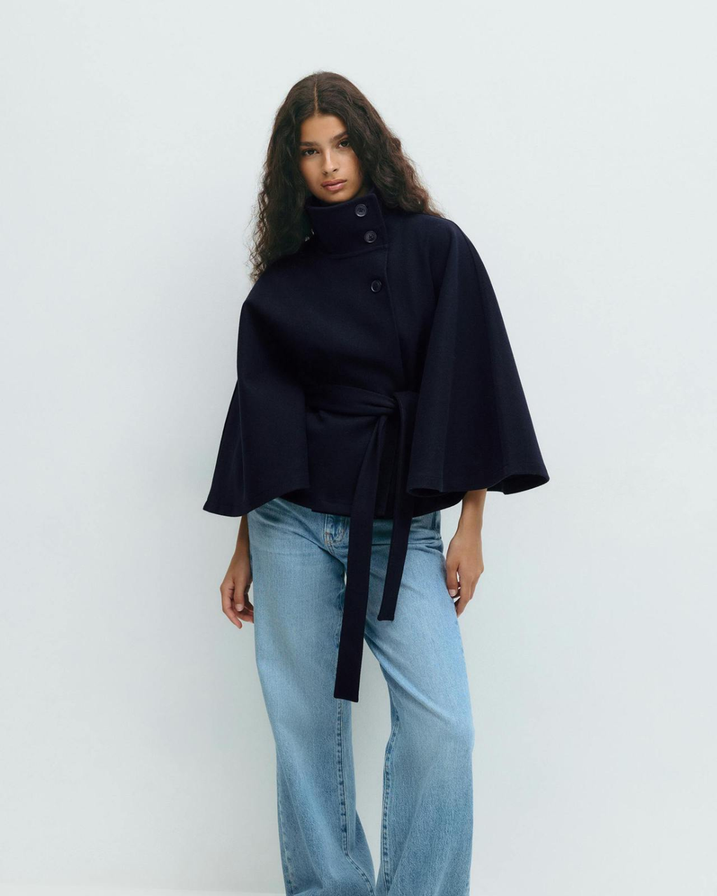 Sophisticated High-Neck Tie-Waist Cape Coat