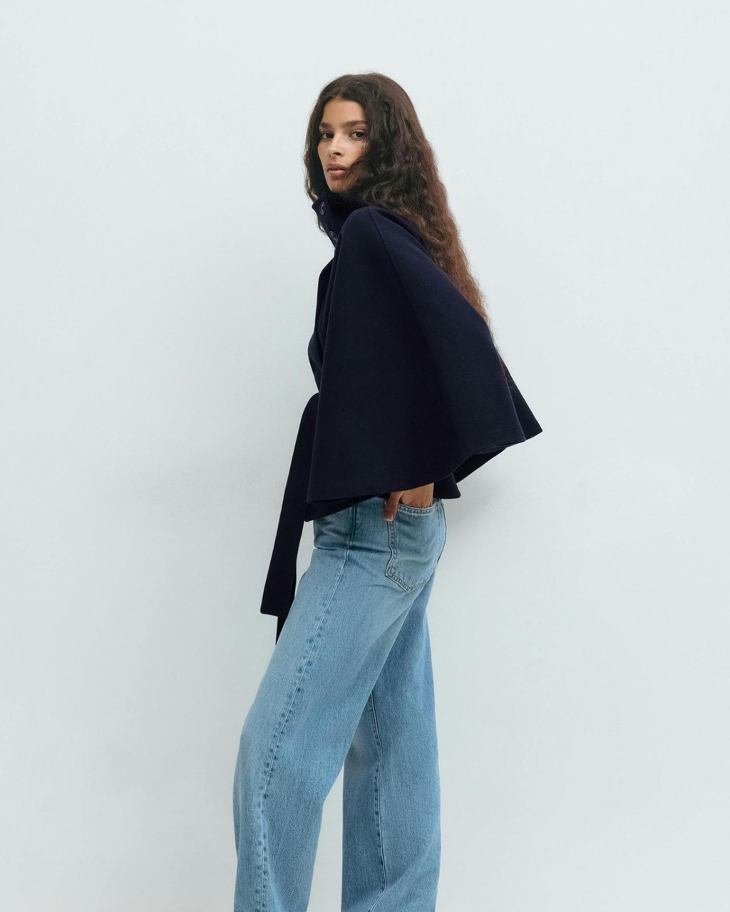 Sophisticated High-Neck Tie-Waist Cape Coat