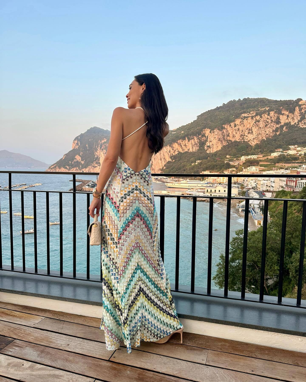 Multicolor Zigzag Knit Open-Back Maxi Dress