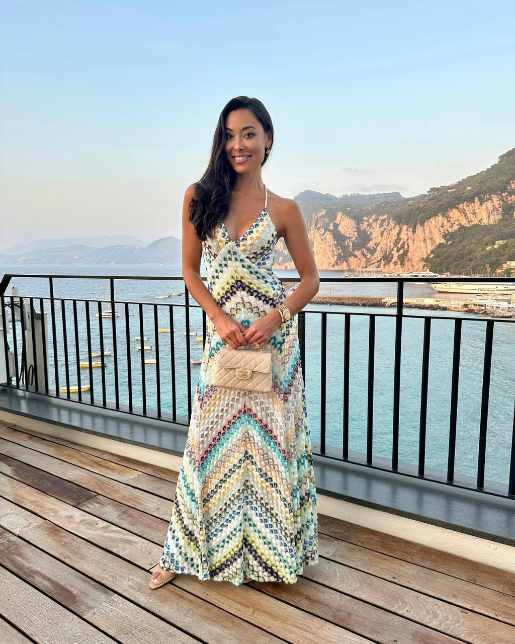 Multicolor Zigzag Knit Open-Back Maxi Dress