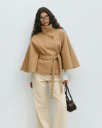 Sophisticated High-Neck Tie-Waist Cape Coat