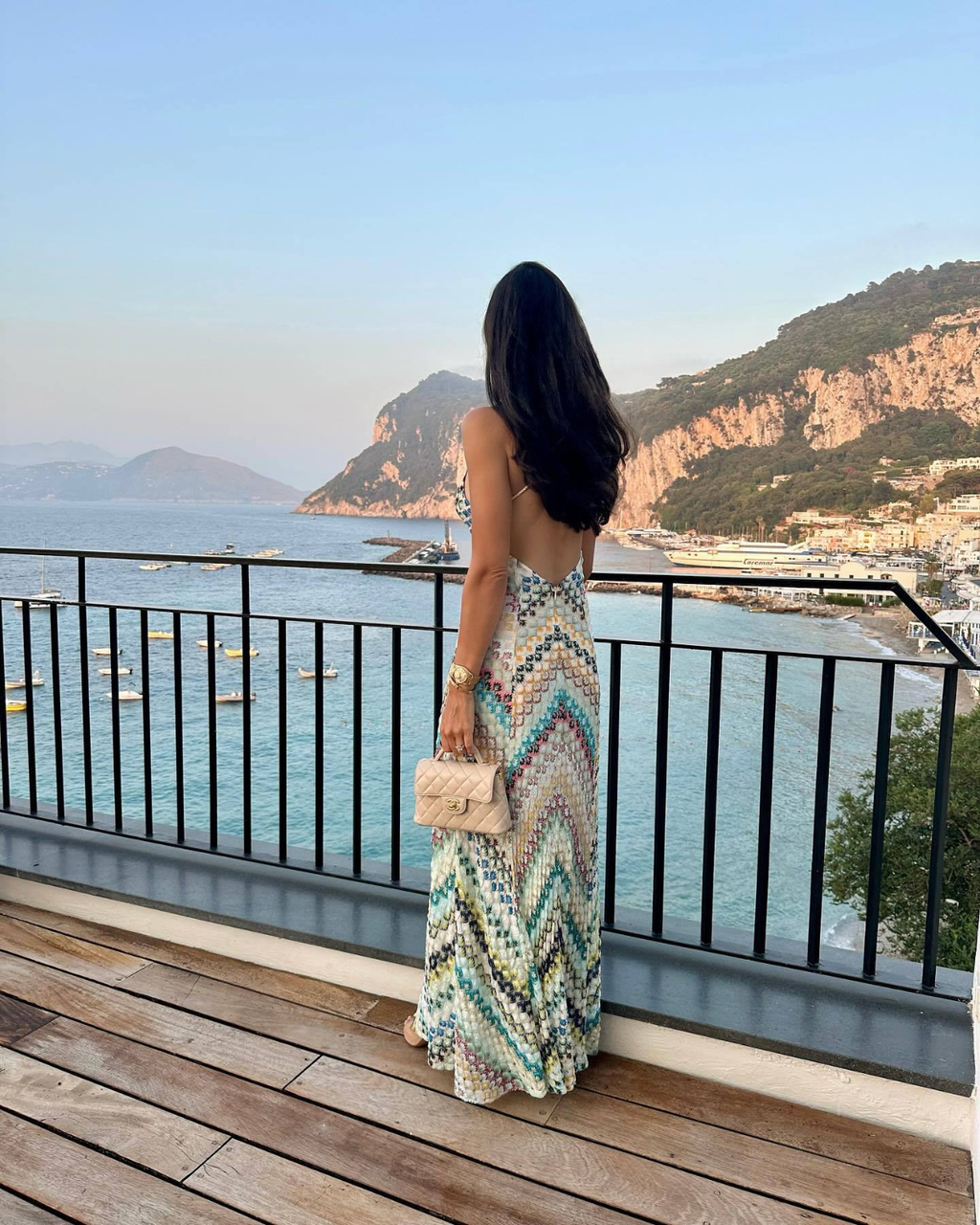 Multicolor Zigzag Knit Open-Back Maxi Dress