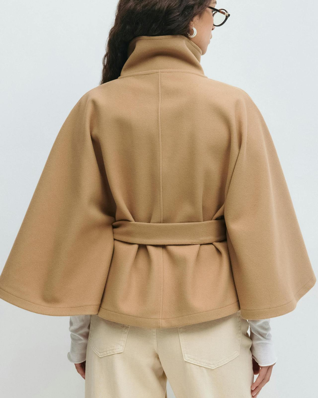 Sophisticated High-Neck Tie-Waist Cape Coat