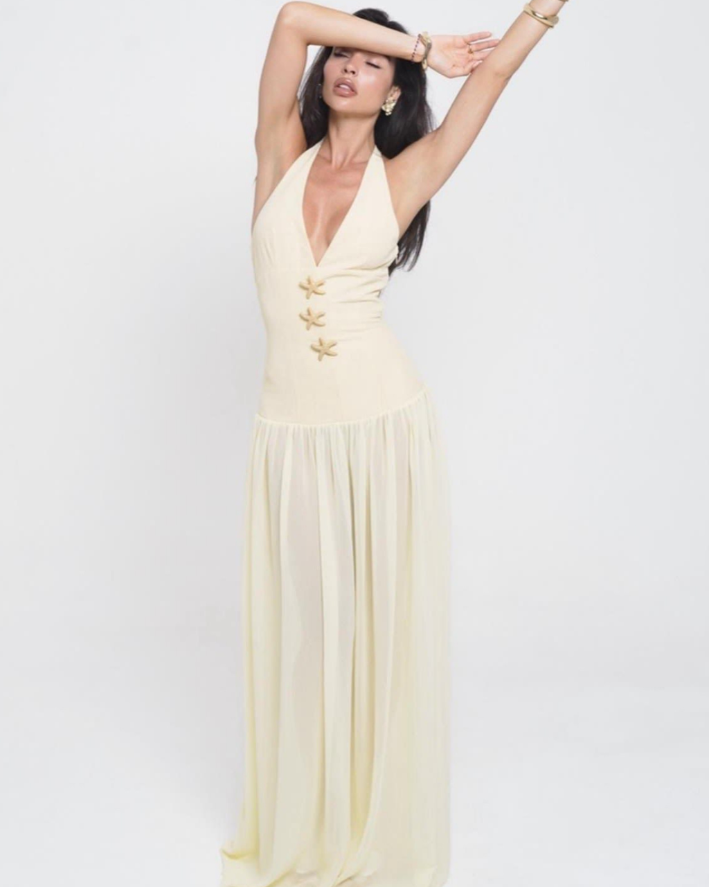 Starfish Embellished Open-Back Halter Maxi Dress