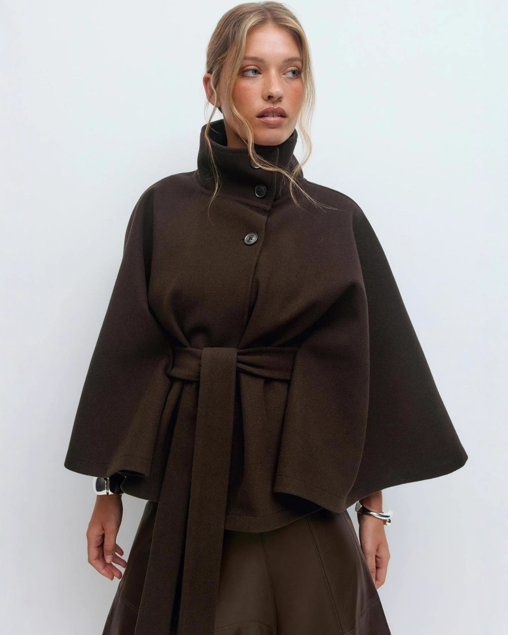 Sophisticated High-Neck Tie-Waist Cape Coat