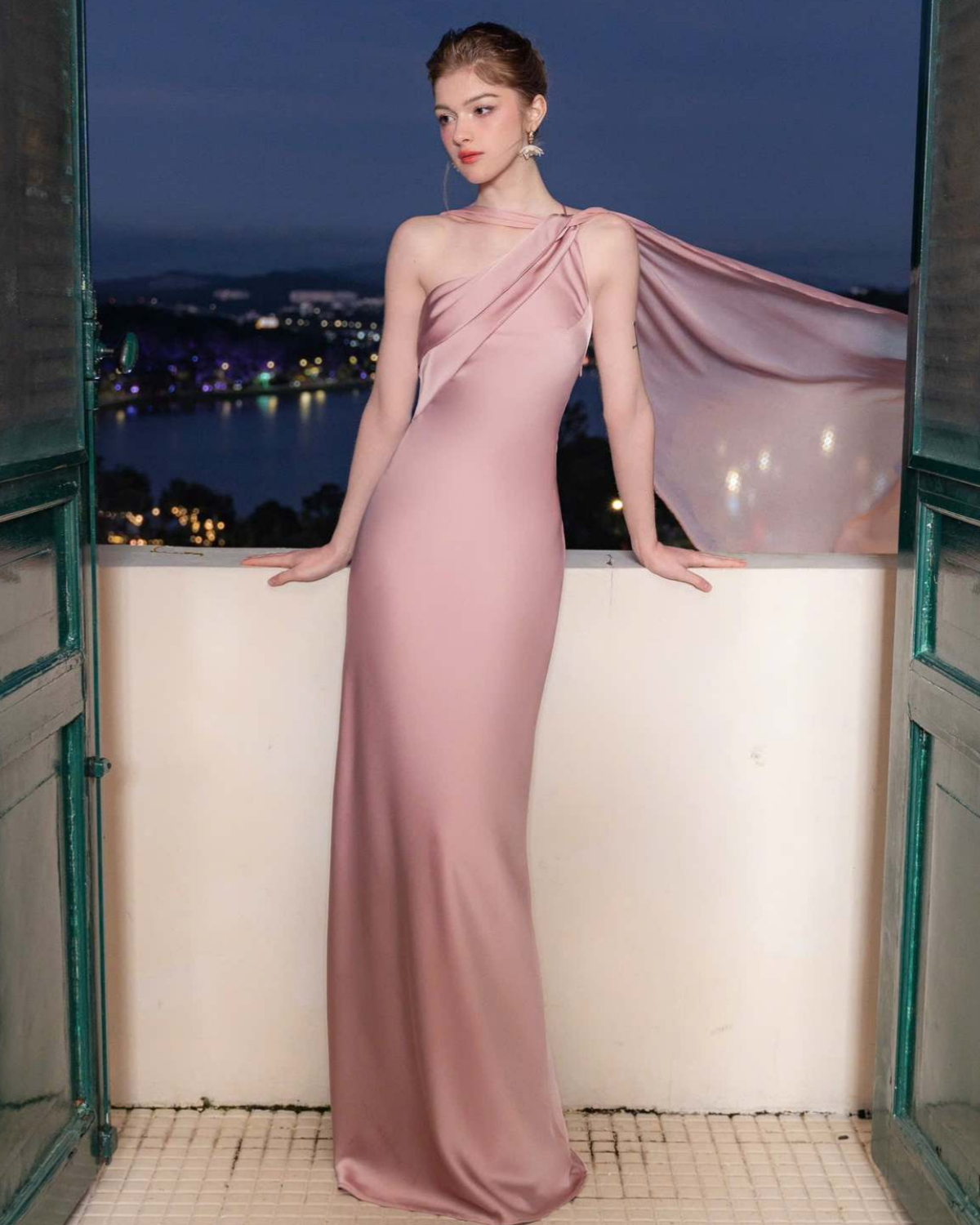 One-Shoulder Scarf Detail Open-Back Maxi Dress