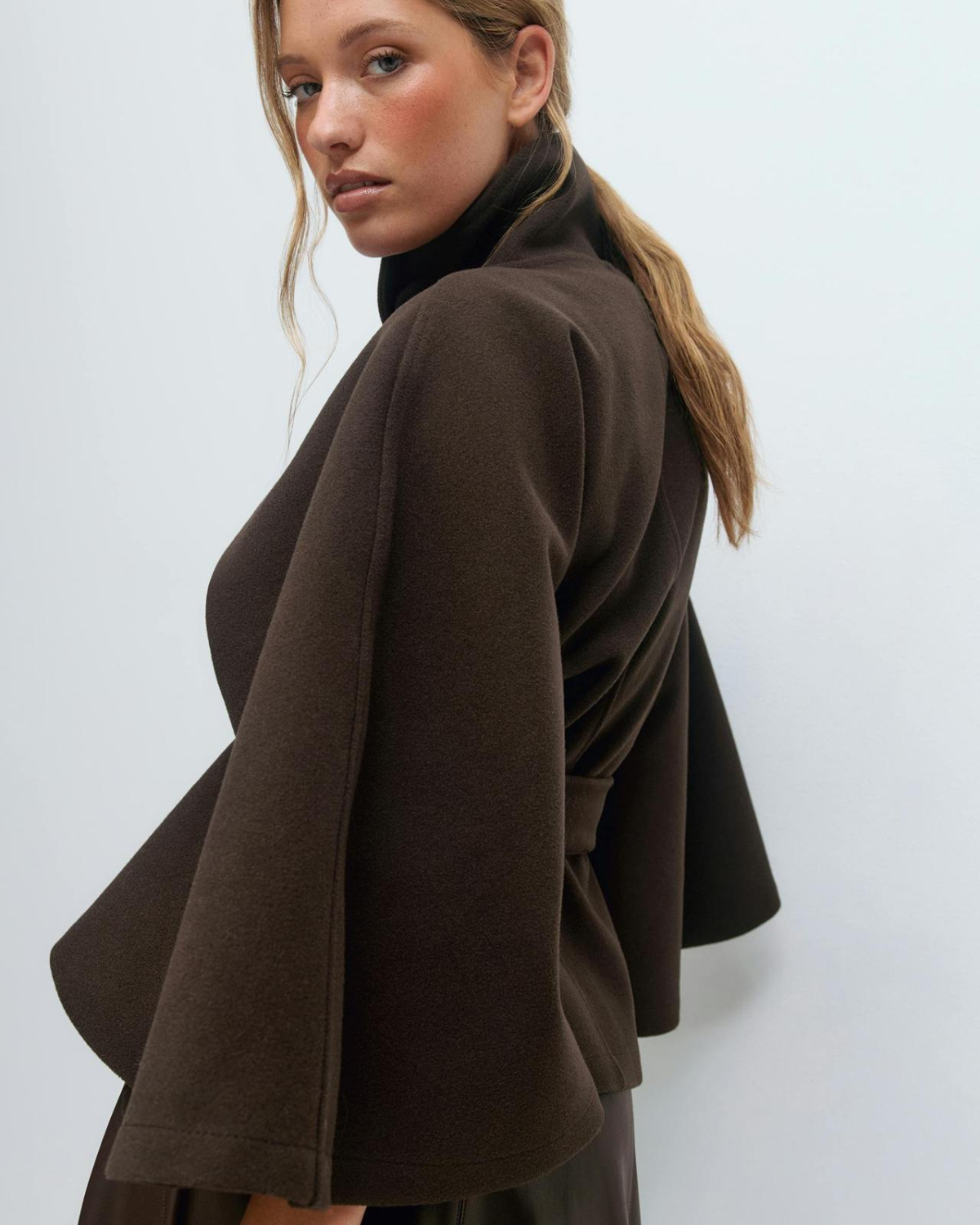 Sophisticated High-Neck Tie-Waist Cape Coat