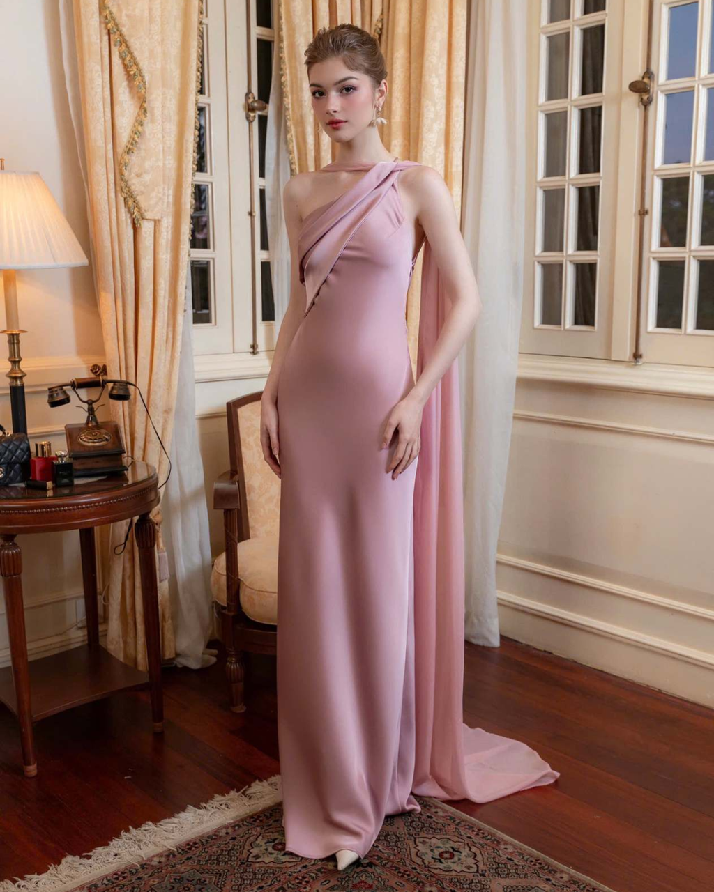 One-Shoulder Scarf Detail Open-Back Maxi Dress