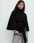 Sophisticated High-Neck Tie-Waist Cape Coat
