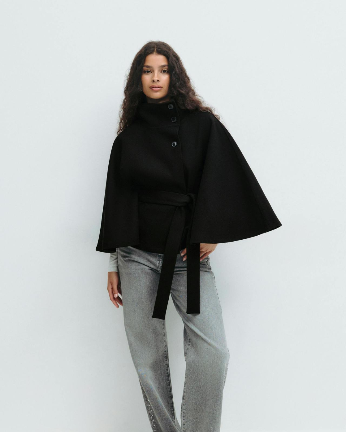 Sophisticated High-Neck Tie-Waist Cape Coat
