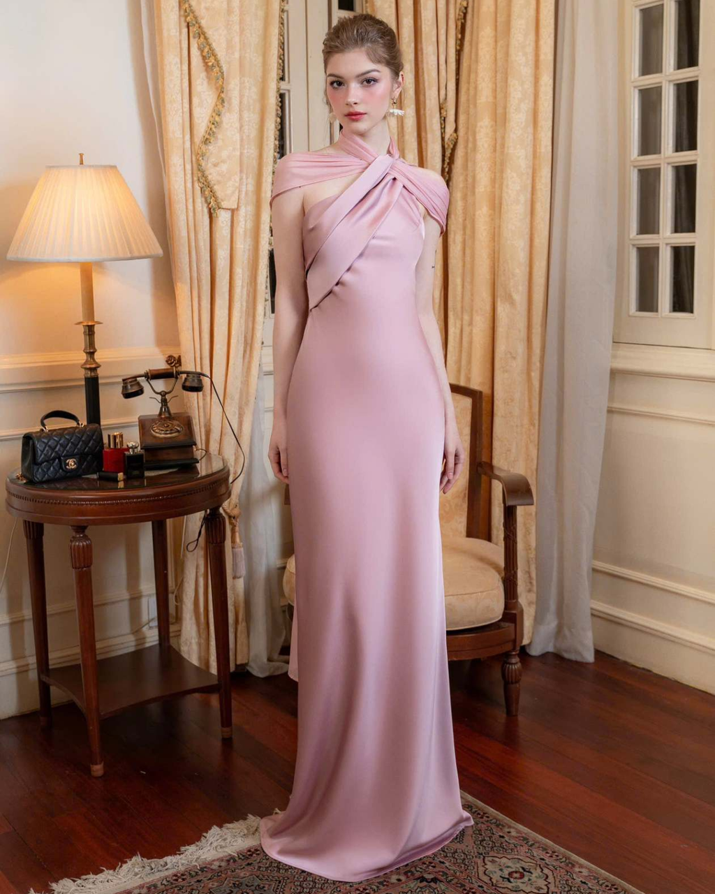 One-Shoulder Scarf Detail Open-Back Maxi Dress