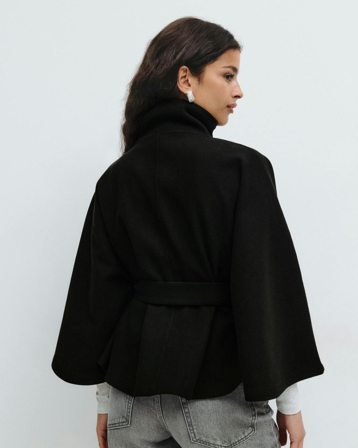 Sophisticated High-Neck Tie-Waist Cape Coat