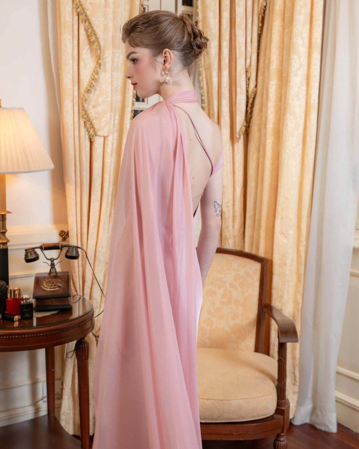 One-Shoulder Scarf Detail Open-Back Maxi Dress