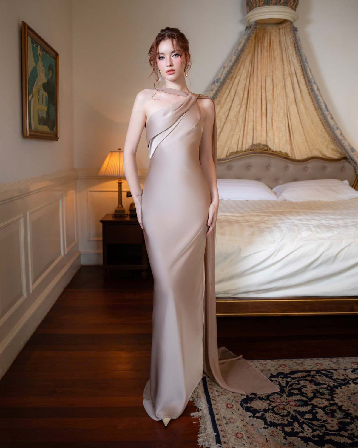 One-Shoulder Scarf Detail Open-Back Maxi Dress