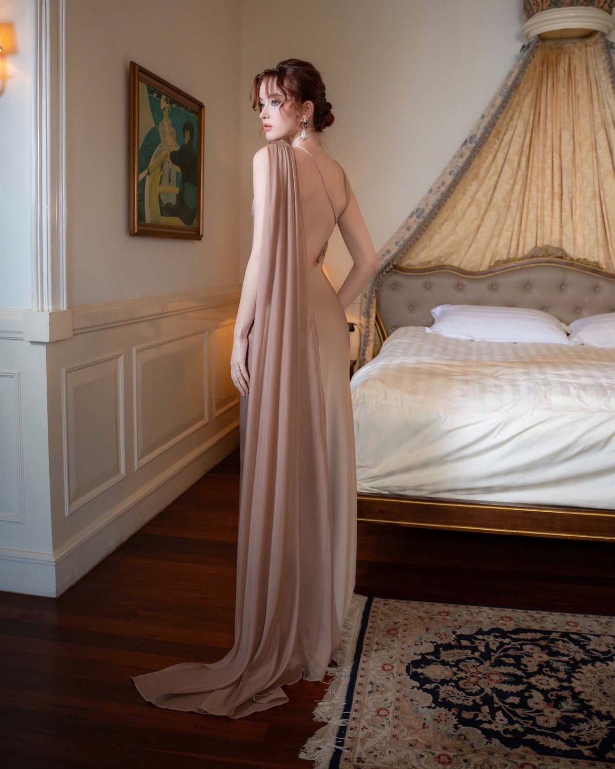 One-Shoulder Scarf Detail Open-Back Maxi Dress