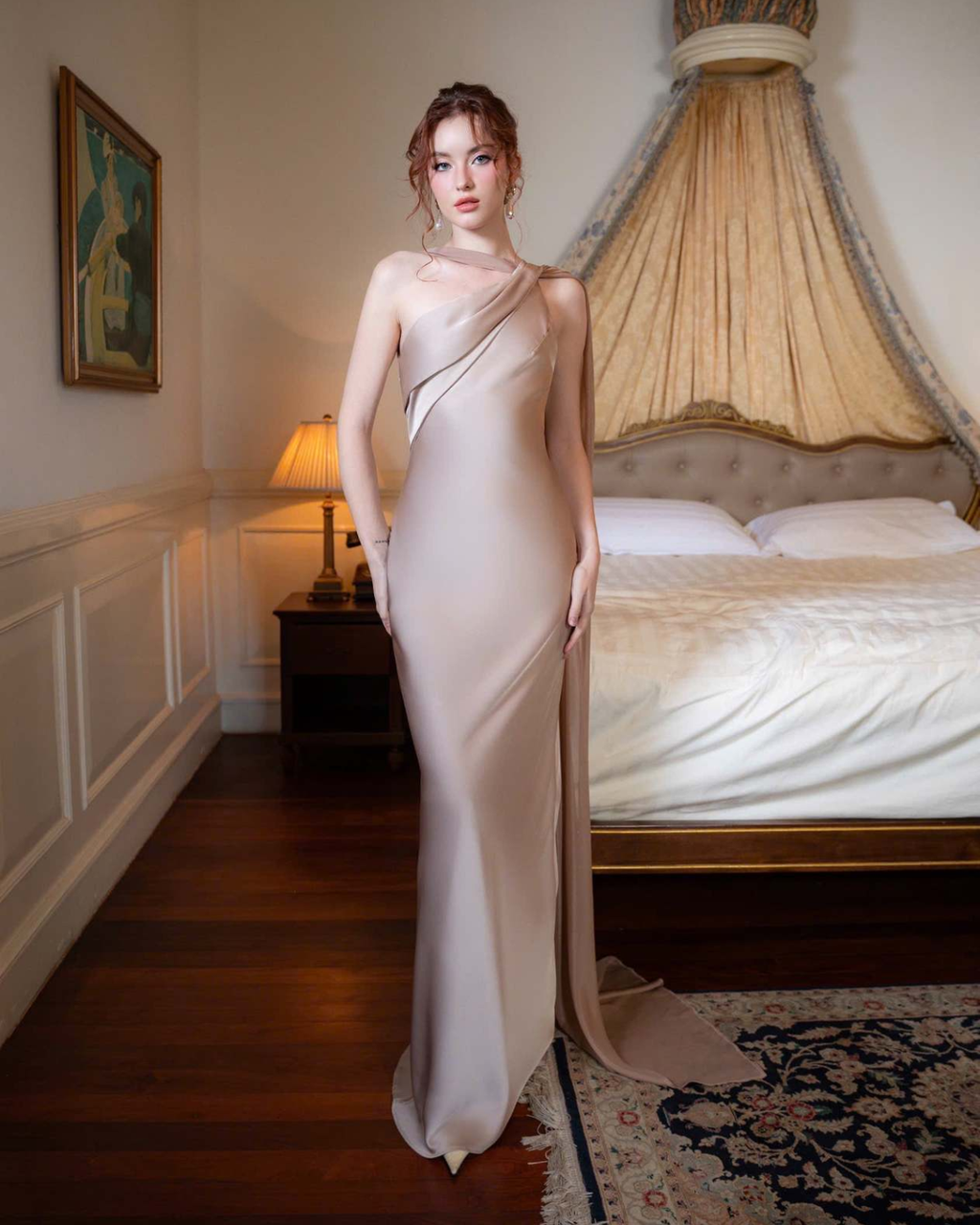 One-Shoulder Scarf Detail Open-Back Maxi Dress