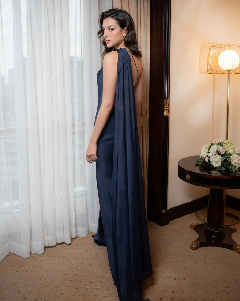 One-Shoulder Scarf Detail Open-Back Maxi Dress