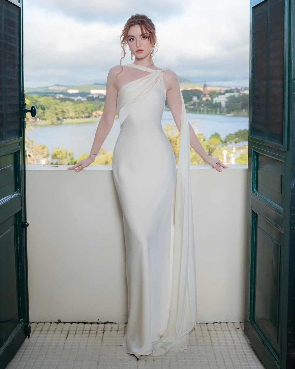 One-Shoulder Scarf Detail Open-Back Maxi Dress