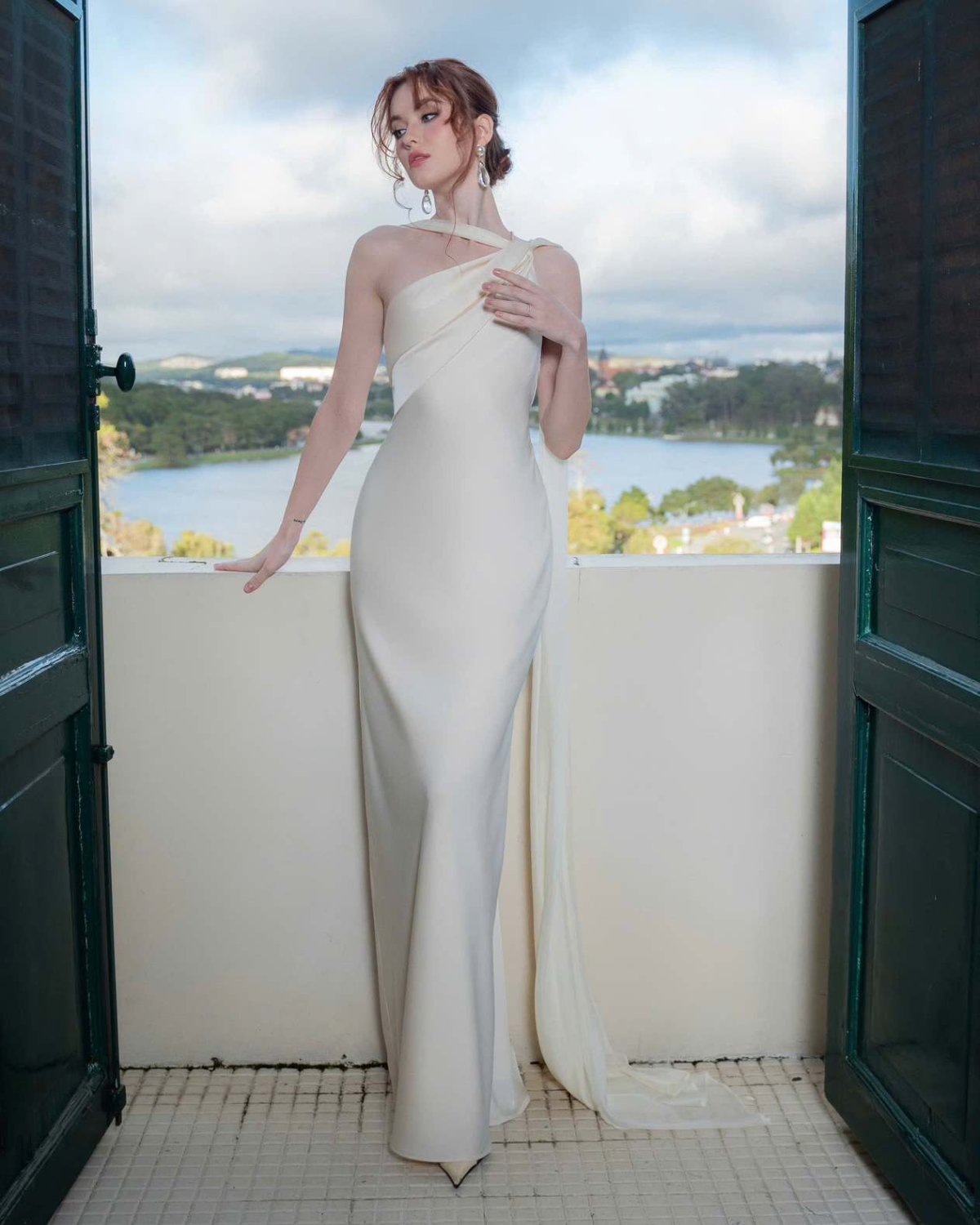 One-Shoulder Scarf Detail Open-Back Maxi Dress