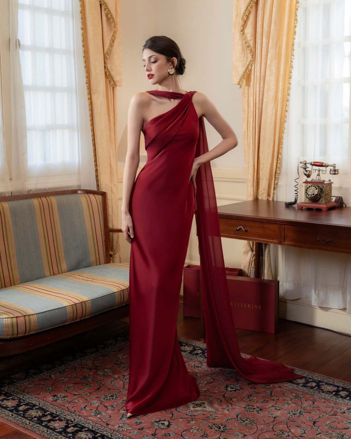 One-Shoulder Scarf Detail Open-Back Maxi Dress