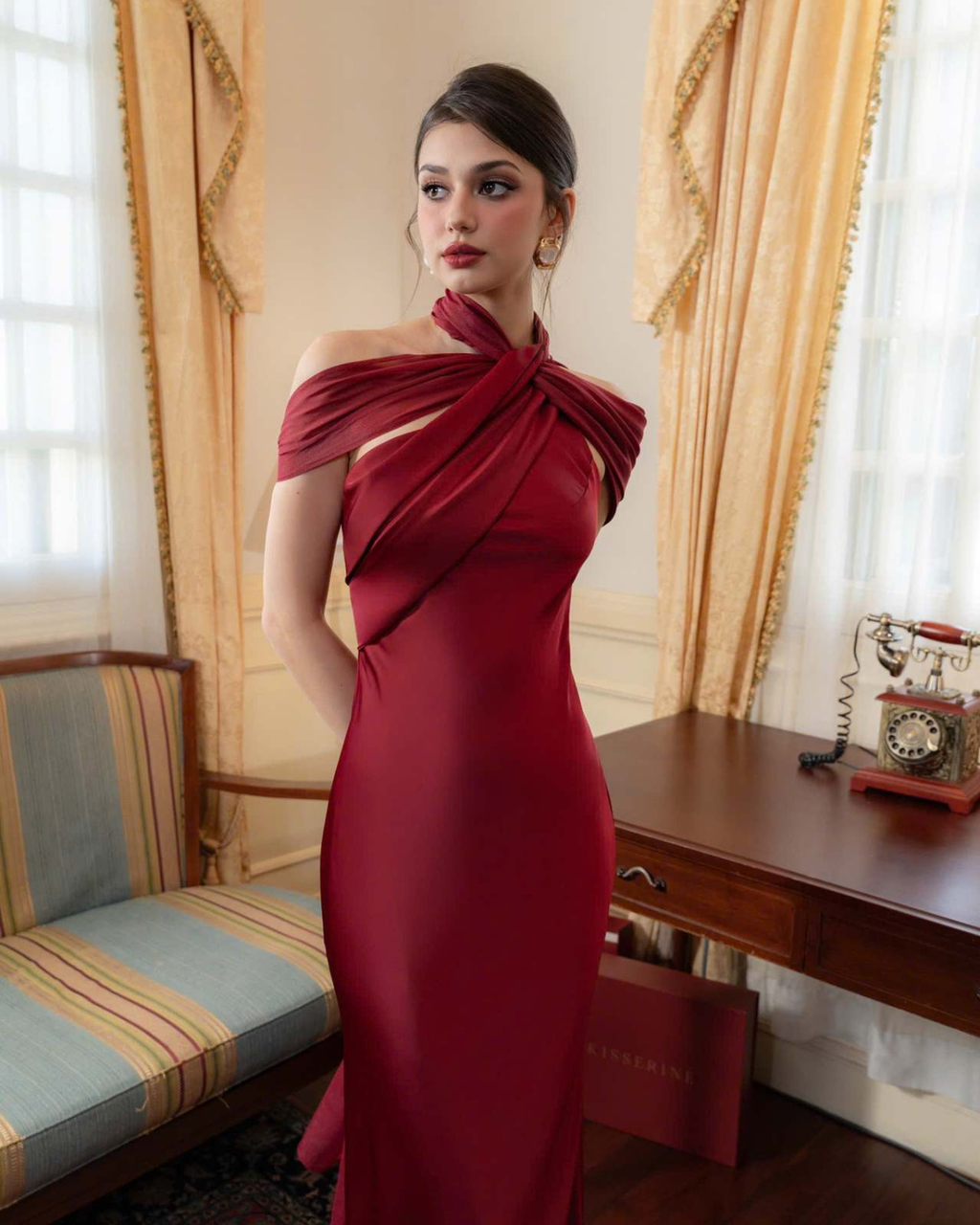 One-Shoulder Scarf Detail Open-Back Maxi Dress