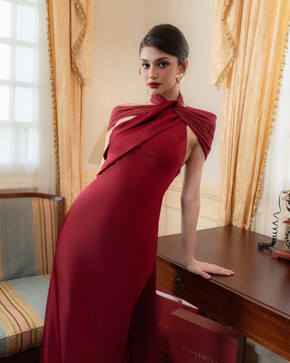 One-Shoulder Scarf Detail Open-Back Maxi Dress