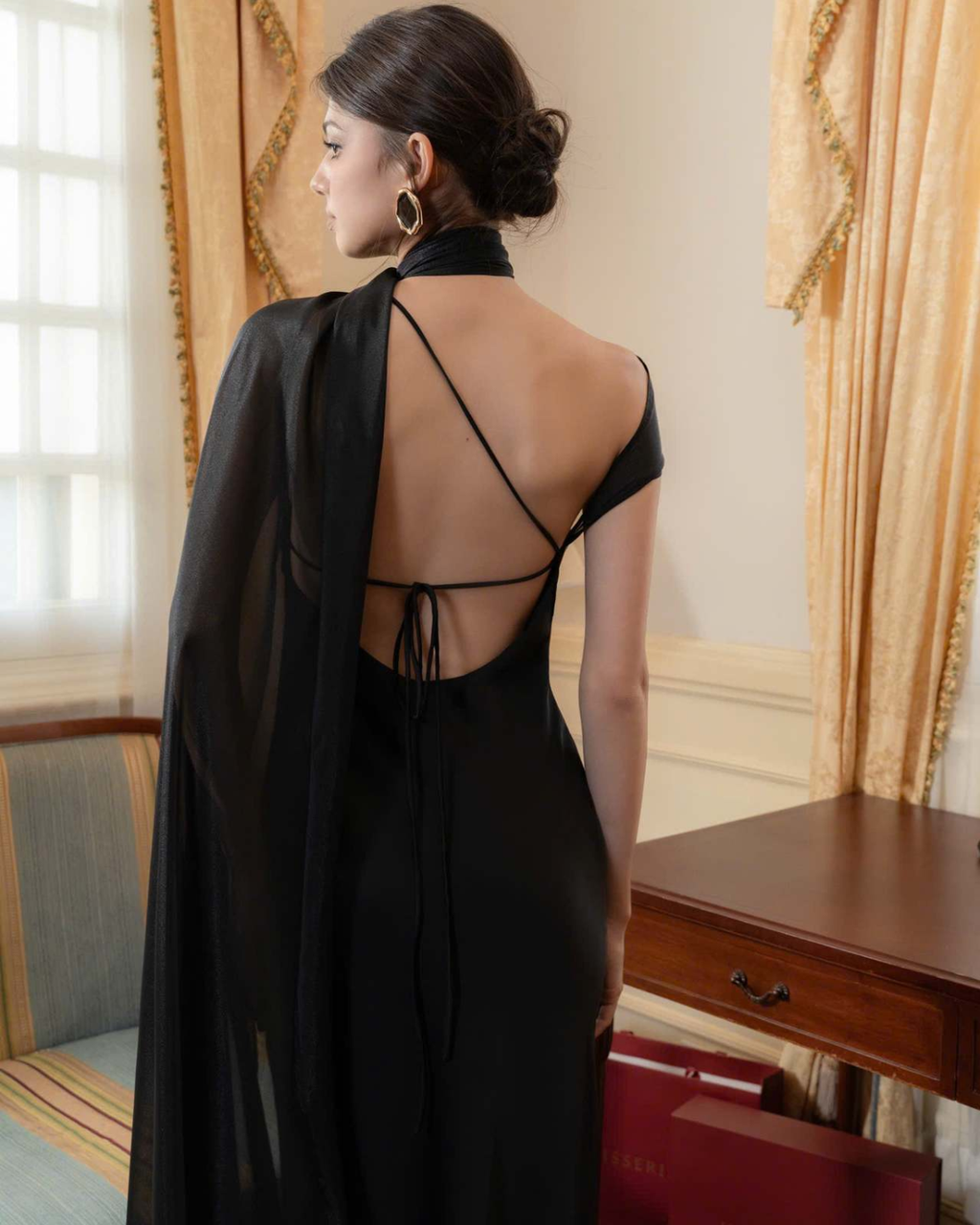 One-Shoulder Scarf Detail Open-Back Maxi Dress